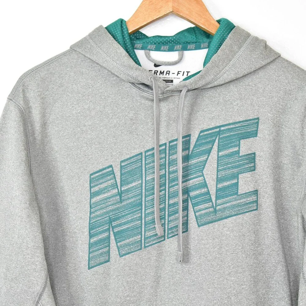 NIKE Hoodie Sweatshirt Pullover Mens M Therma Fit Gray Spell Out Fleece Athletic
